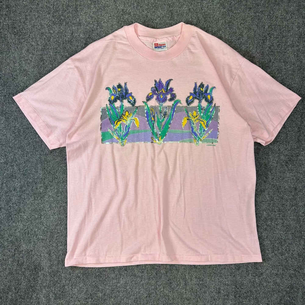 Vintage Hanes‎ Birdlegs Iris Floral T Shirt Pink 90s Single Stitch USA Large